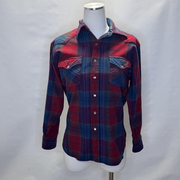 Vintage Pendleton Shirt Womens Medium Red Blue Plaid Wool Western Snap Front 70s - Picture 1 of 15
